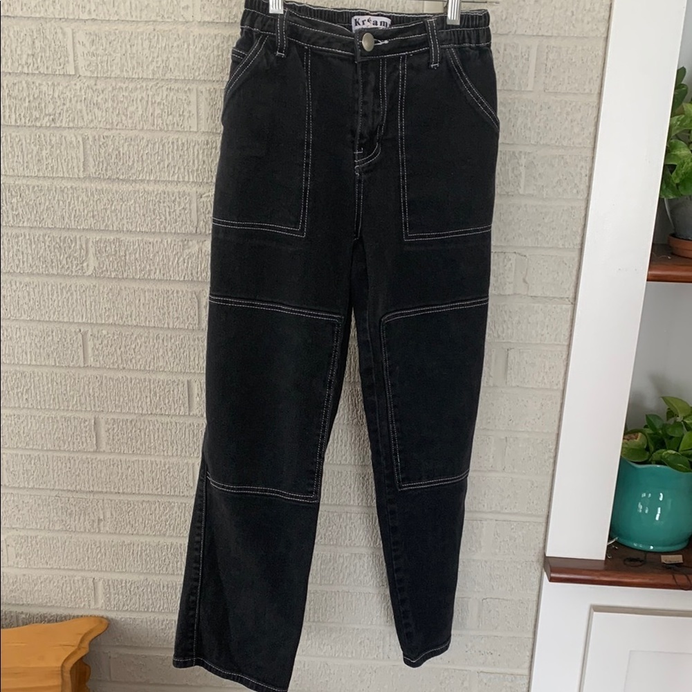 Kreamy Cargo Straight Leg Jeans Women Size S Elastic Waist Contrast Stitching